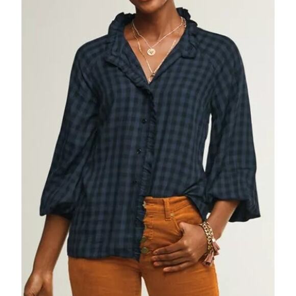 Cabi Aberdeen Blue Plaid Ruffle Button Front Blouse Top Size Small - Picture 3 of 12